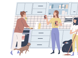 illustration of friends cleaning and organizing kitchen